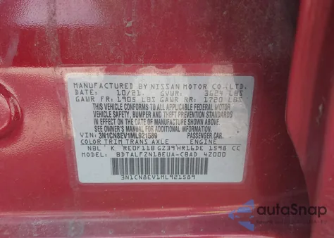 2021 Nissan Versa Sv Xtronic Cvt from USA, damaged, VIN 3N1CN8EV1ML921589